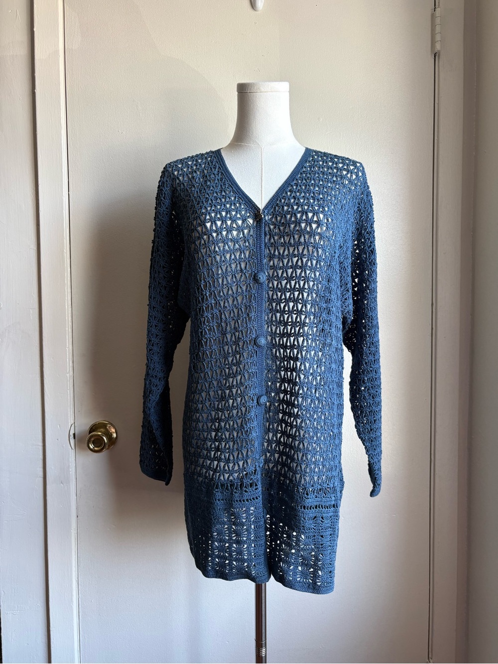 caroline little navy crochet button front cardigan